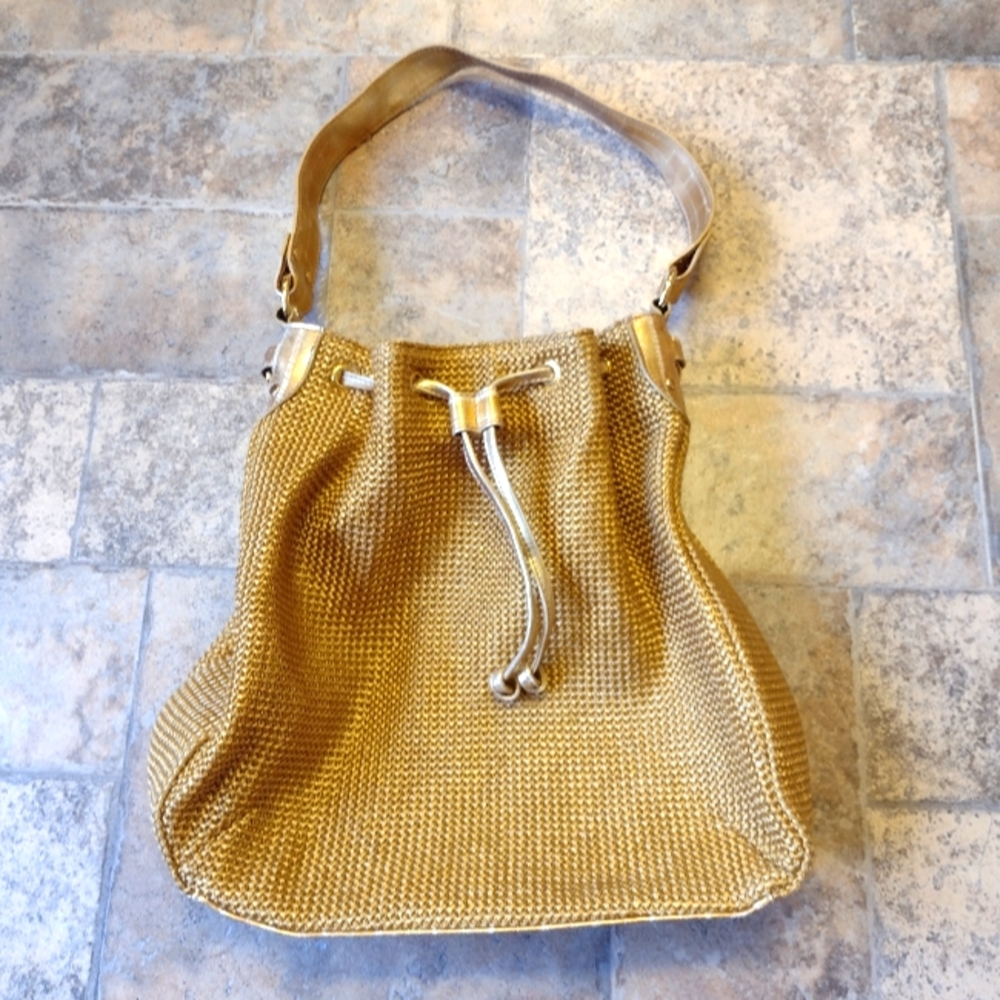 Metallic gold woven bucket bag